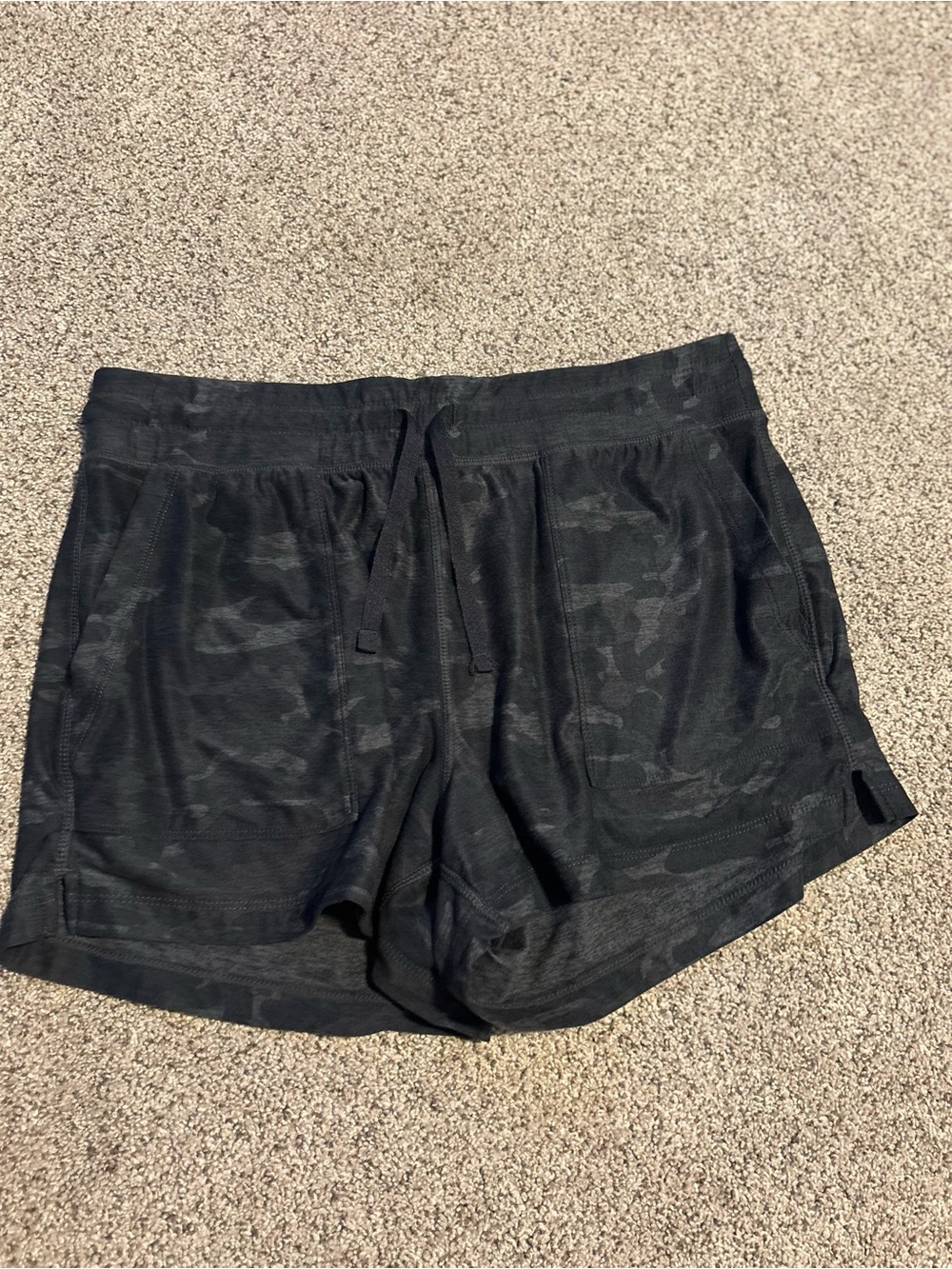Women's Black Camo Athletic Shorts with Drawstring Waist